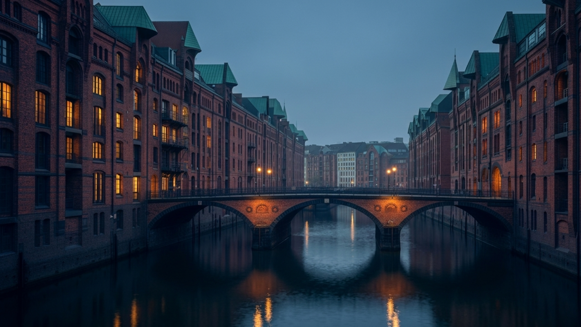 Hamburg Speicherstadt arched bridge at blue-hour dusk